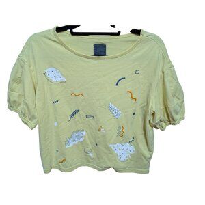 Across Universe by Gozo Womens Graphic Crop Top Yellow sz M Puffy Short Sleeves